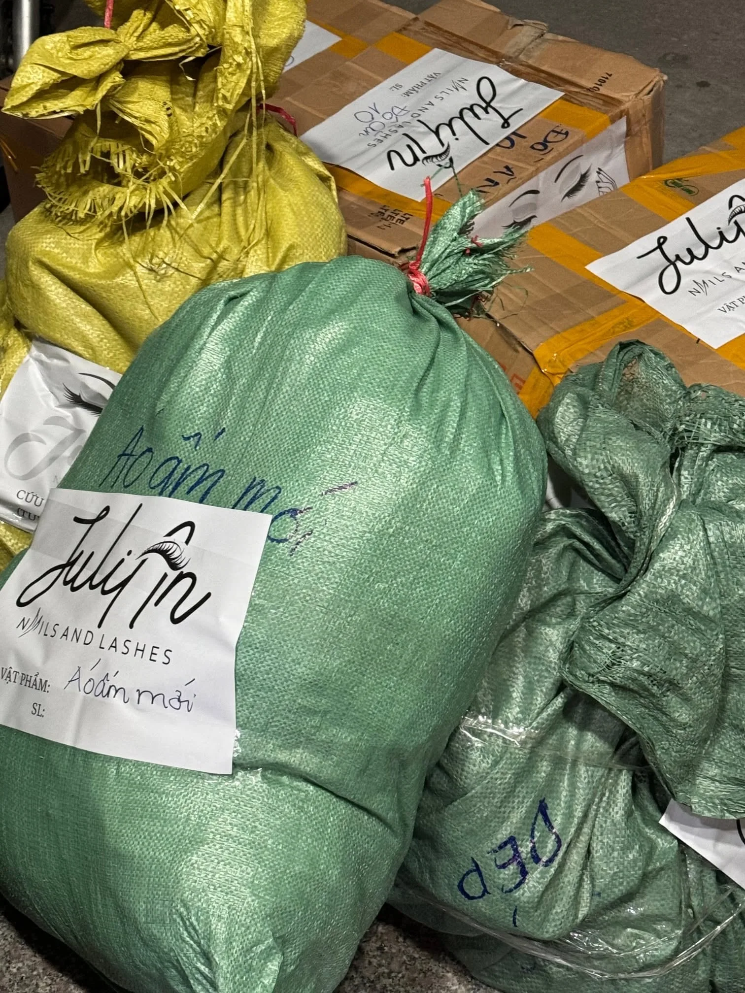 JuliAn charity relief sacks labelled for Phu Yen, Vietnam